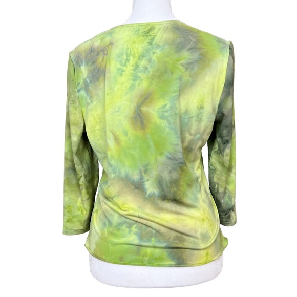 Vintage Tribal Green Tie Dye Flower & Squiggles Appliqué Y2K V Neck Top Size M - Picture 4 of 7